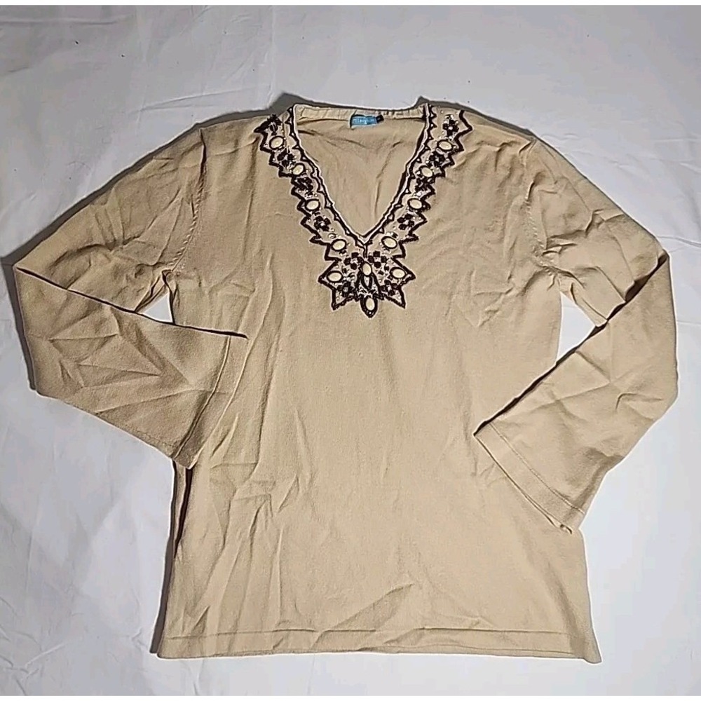 J McLaughlin sz S Beige Beaded Sequined Embellished Pullover Sweater‎ Knit Top